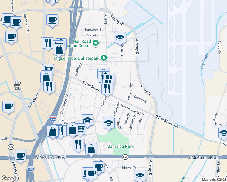 map of restaurants, bars, coffee shops, grocery stores, and more near 4300 Neil Road in Reno