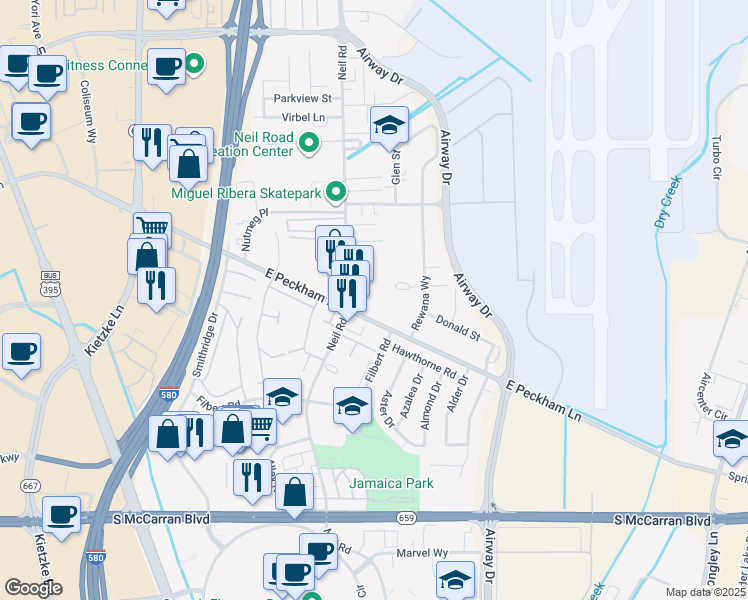 map of restaurants, bars, coffee shops, grocery stores, and more near 4300 Neil Road in Reno