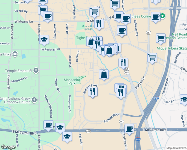 map of restaurants, bars, coffee shops, grocery stores, and more near 4302 Clyde Court in Reno