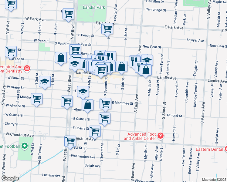 map of restaurants, bars, coffee shops, grocery stores, and more near 727 East Elmer Street in Vineland