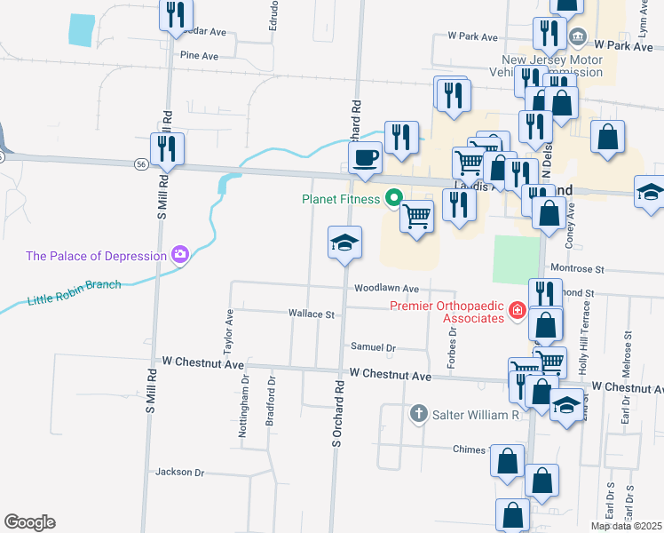 map of restaurants, bars, coffee shops, grocery stores, and more near 240 South Orchard Road in Vineland