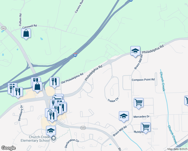 map of restaurants, bars, coffee shops, grocery stores, and more near 4460 Greenwich Court in Belcamp