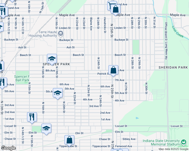 map of restaurants, bars, coffee shops, grocery stores, and more near 2307 8th Avenue in Terre Haute