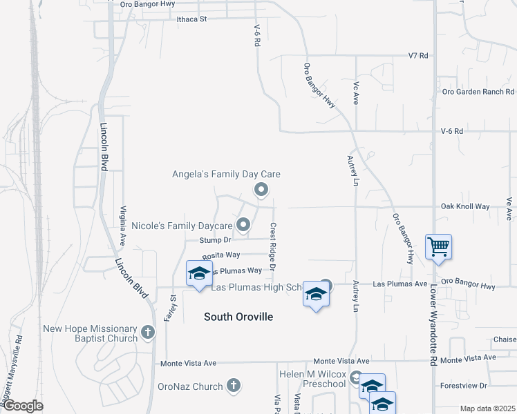 map of restaurants, bars, coffee shops, grocery stores, and more near Oak Knoll Way & Diane Court in Oroville