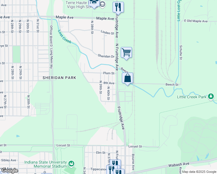 map of restaurants, bars, coffee shops, grocery stores, and more near North 40th Street in Terre Haute