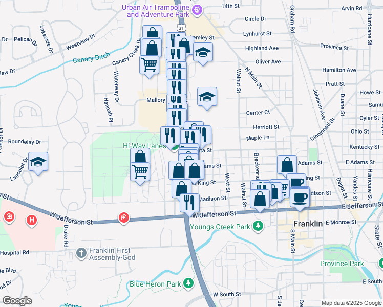 map of restaurants, bars, coffee shops, grocery stores, and more near 400-480 Grizzly Cub Drive in Franklin