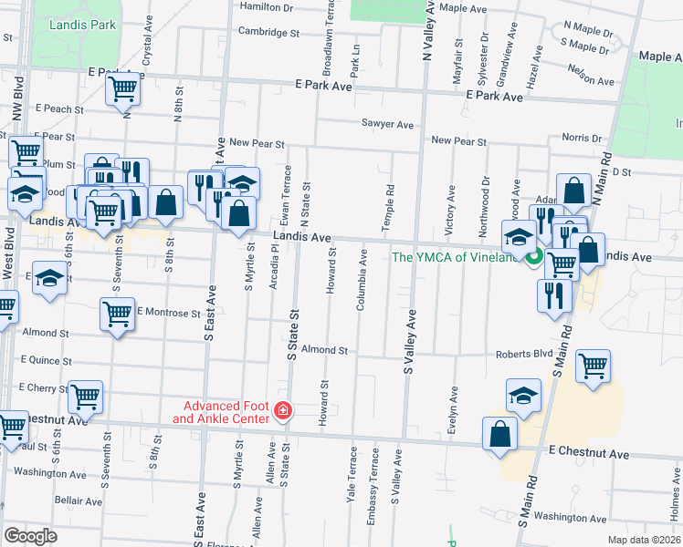 map of restaurants, bars, coffee shops, grocery stores, and more near 1 Howard Street in Vineland