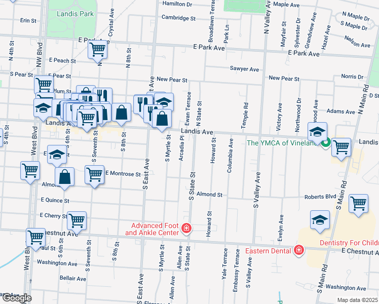 map of restaurants, bars, coffee shops, grocery stores, and more near 7 Arcadia Place in Vineland