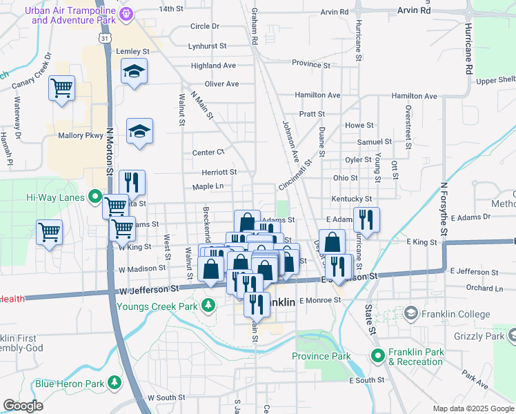 map of restaurants, bars, coffee shops, grocery stores, and more near 401 North Main Street in Franklin
