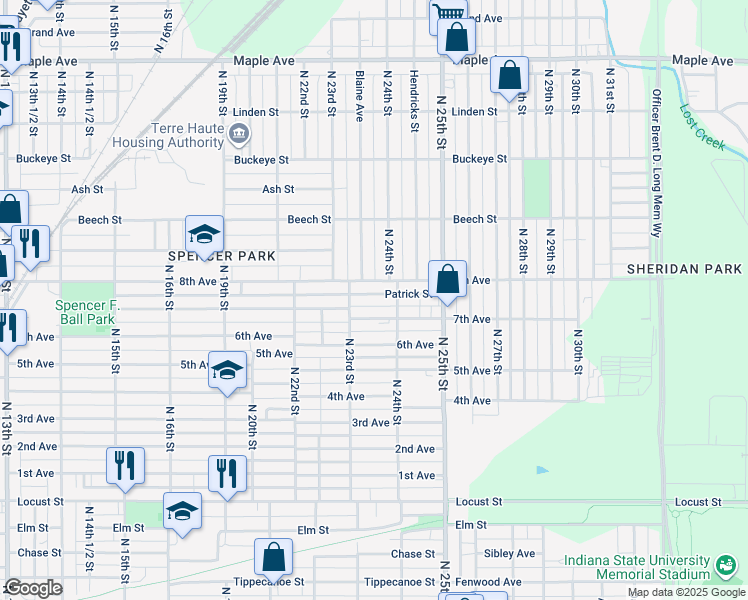 map of restaurants, bars, coffee shops, grocery stores, and more near 2307 8th Avenue in Terre Haute