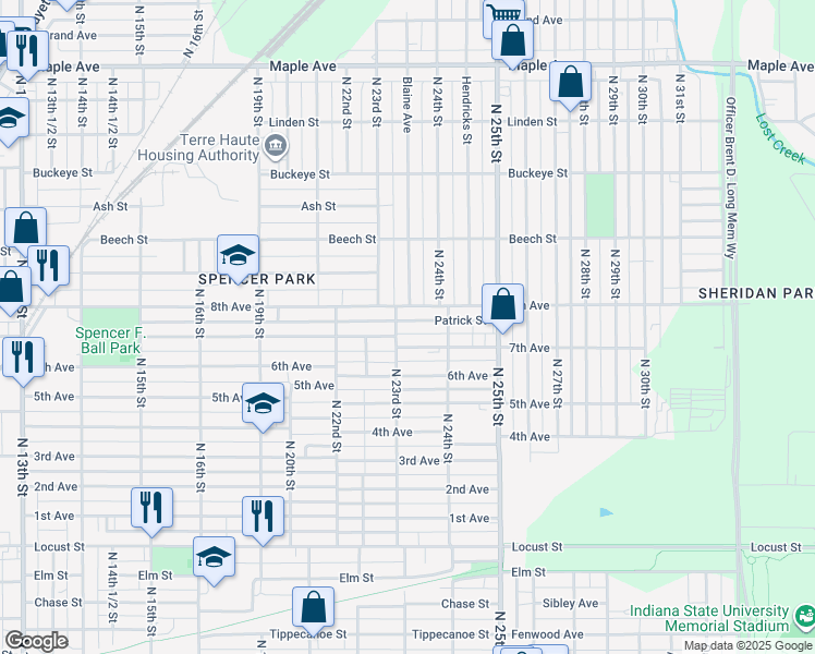 map of restaurants, bars, coffee shops, grocery stores, and more near 2307 8th Avenue in Terre Haute