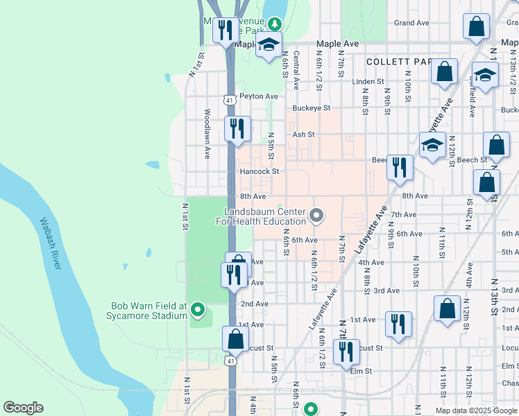 map of restaurants, bars, coffee shops, grocery stores, and more near 1501-1599 North 4th Street in Terre Haute