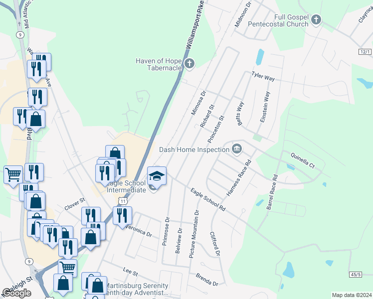 map of restaurants, bars, coffee shops, grocery stores, and more near 145 Richard Street in Martinsburg