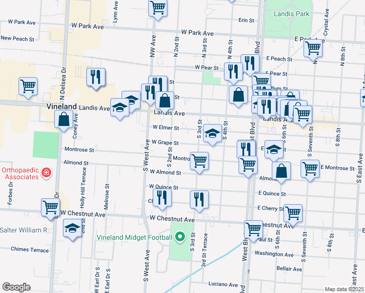 map of restaurants, bars, coffee shops, grocery stores, and more near 223 West Grape Street in Vineland