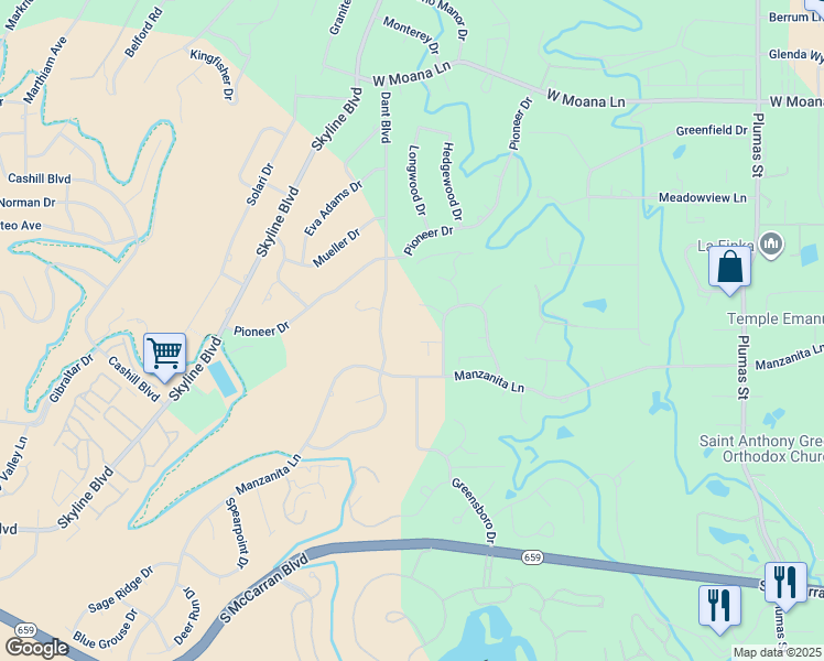 map of restaurants, bars, coffee shops, grocery stores, and more near 2279 Rainwood Court in Reno