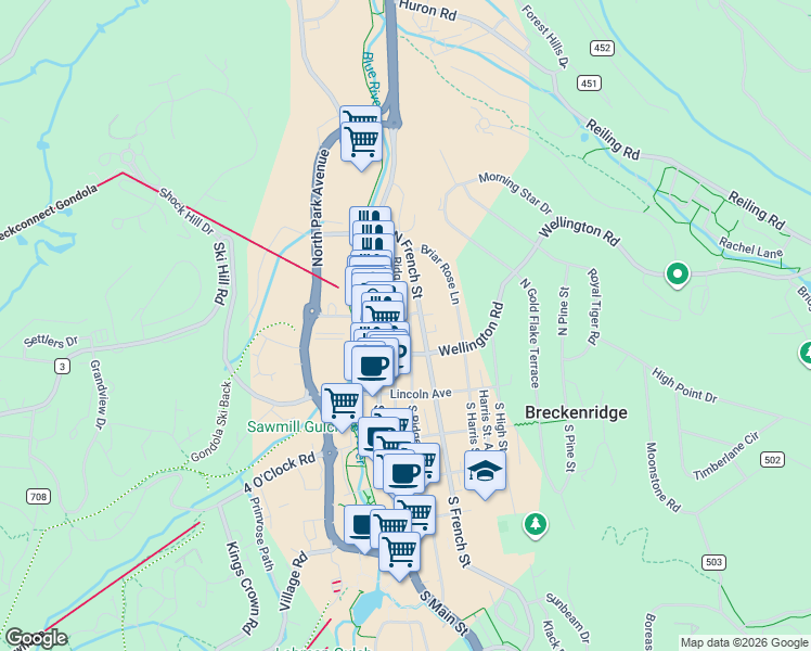 map of restaurants, bars, coffee shops, grocery stores, and more near 214 North Main Street in Breckenridge