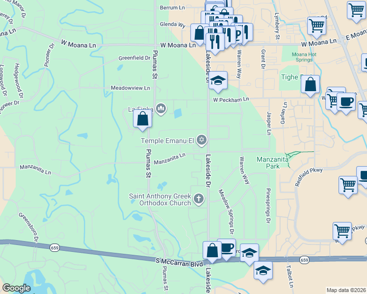 map of restaurants, bars, coffee shops, grocery stores, and more near 1165 Yates Lane in Reno