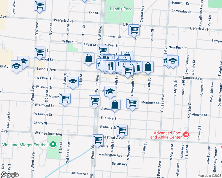 map of restaurants, bars, coffee shops, grocery stores, and more near 110 South 6th Street in Vineland