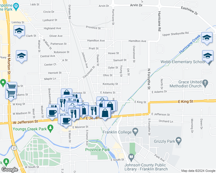 map of restaurants, bars, coffee shops, grocery stores, and more near 398 Hurricane Street in Franklin