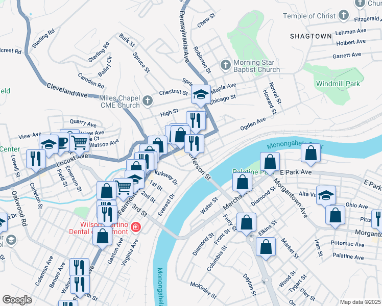 map of restaurants, bars, coffee shops, grocery stores, and more near Hull Alley in Fairmont