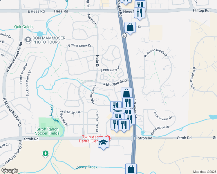 map of restaurants, bars, coffee shops, grocery stores, and more near 19130 J Morgan Boulevard in Parker