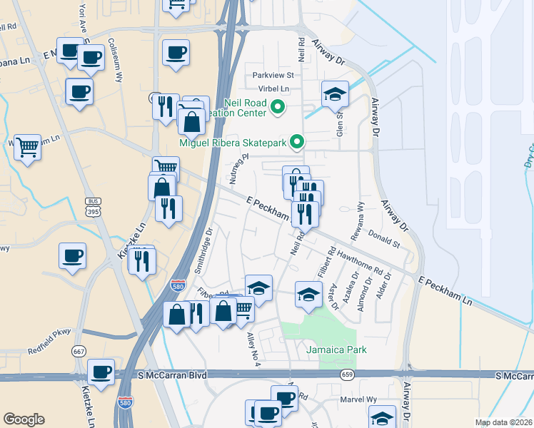 map of restaurants, bars, coffee shops, grocery stores, and more near 128 East Peckham Lane in Reno