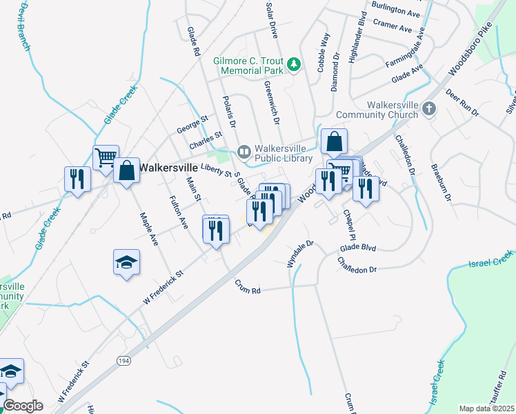 map of restaurants, bars, coffee shops, grocery stores, and more near 2 South Glade Road in Walkersville
