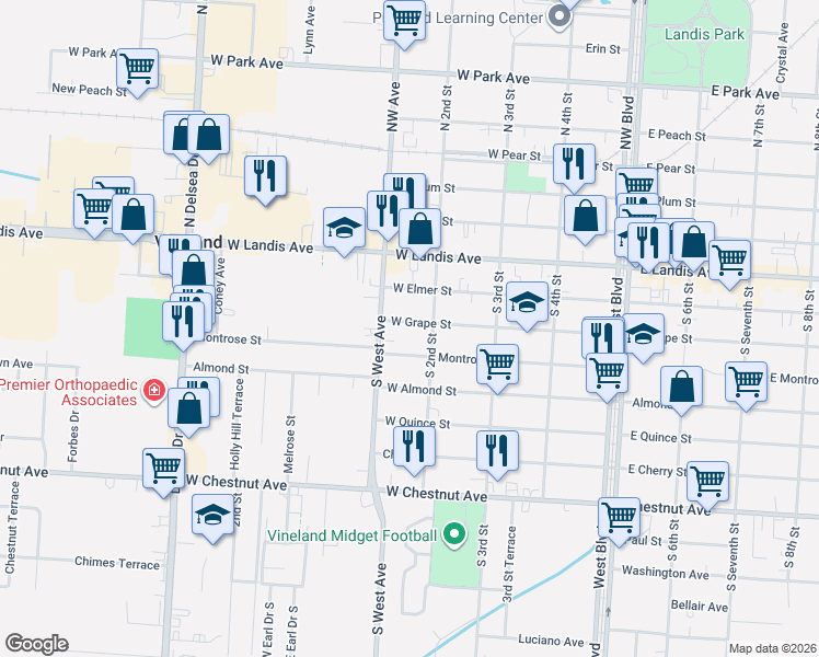 map of restaurants, bars, coffee shops, grocery stores, and more near 119 West Grape Street in Vineland