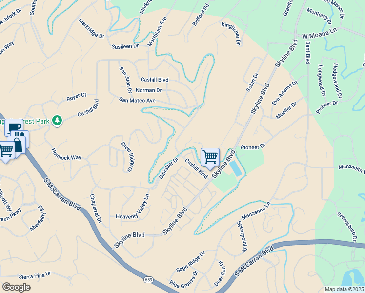 map of restaurants, bars, coffee shops, grocery stores, and more near 3175 Cashill Boulevard in Reno