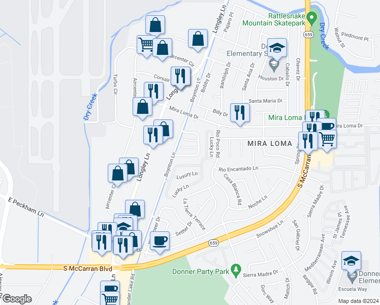 map of restaurants, bars, coffee shops, grocery stores, and more near 4065 Sycamore Way in Reno