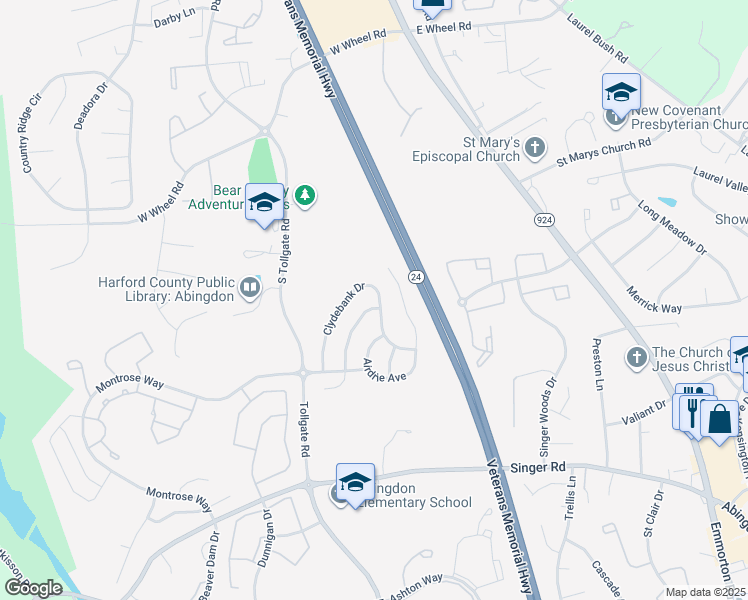 map of restaurants, bars, coffee shops, grocery stores, and more near 2802 Lanarkshire Way in Abingdon