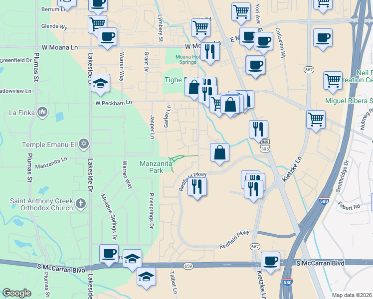 map of restaurants, bars, coffee shops, grocery stores, and more near 4302 Clyde Court in Reno