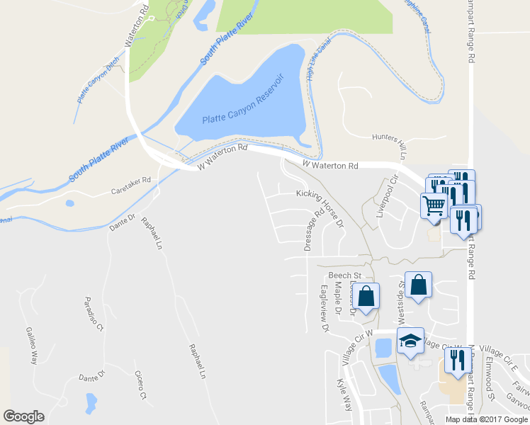 map of restaurants, bars, coffee shops, grocery stores, and more near 8447 Hackamore Road in Littleton