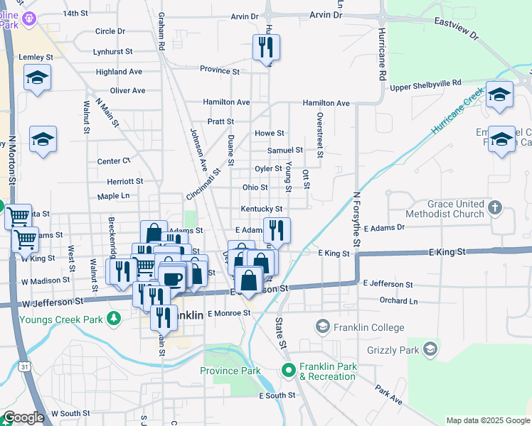 map of restaurants, bars, coffee shops, grocery stores, and more near 398 Hurricane Street in Franklin