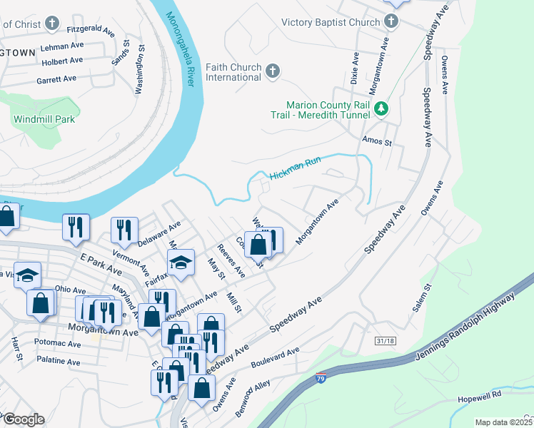 map of restaurants, bars, coffee shops, grocery stores, and more near 126 Terrace Manor in Fairmont