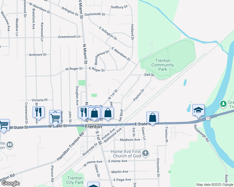 map of restaurants, bars, coffee shops, grocery stores, and more near 201 Gilbert Dr in Trenton