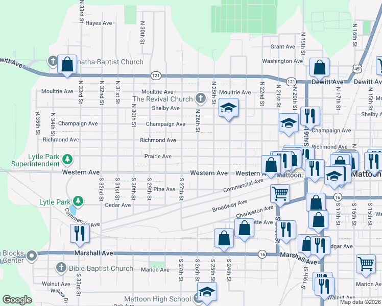 map of restaurants, bars, coffee shops, grocery stores, and more near 2620 Prairie Avenue in Mattoon