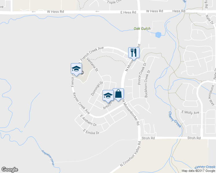 map of restaurants, bars, coffee shops, grocery stores, and more near 12775 Espera Way in Parker