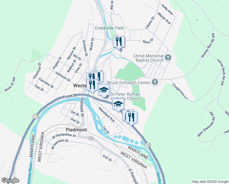 map of restaurants, bars, coffee shops, grocery stores, and more near 109 Kalbaugh St in Westernport