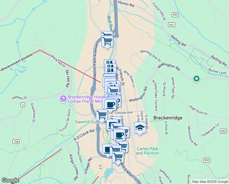map of restaurants, bars, coffee shops, grocery stores, and more near 214 North Main Street in Breckenridge