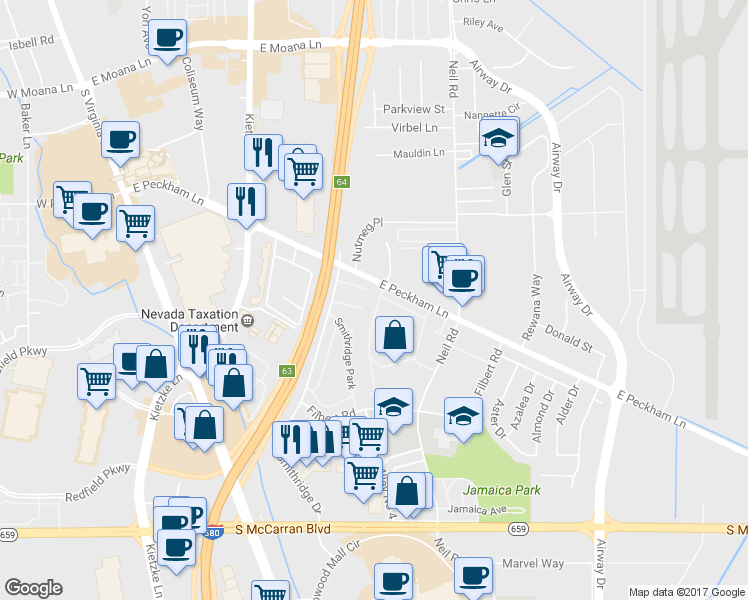 map of restaurants, bars, coffee shops, grocery stores, and more near 272 Smithridge Park in Reno