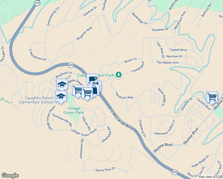 map of restaurants, bars, coffee shops, grocery stores, and more near 3652 Hemlock Court in Reno