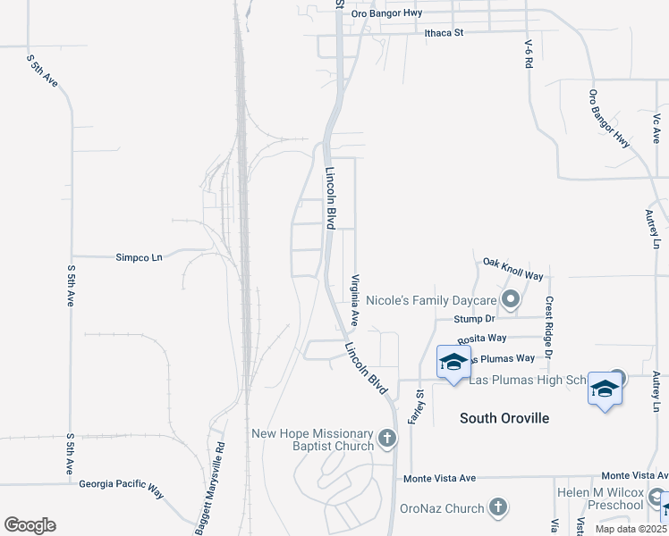 map of restaurants, bars, coffee shops, grocery stores, and more near 4811 Lincoln Boulevard in Oroville