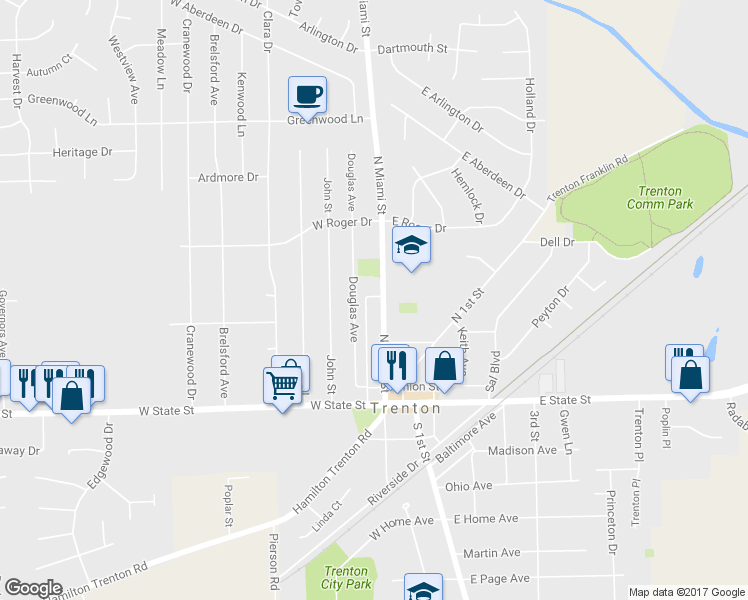 map of restaurants, bars, coffee shops, grocery stores, and more near 229 North Miami Street in Trenton