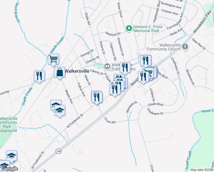 map of restaurants, bars, coffee shops, grocery stores, and more near 116 Colony Ct in Walkersville