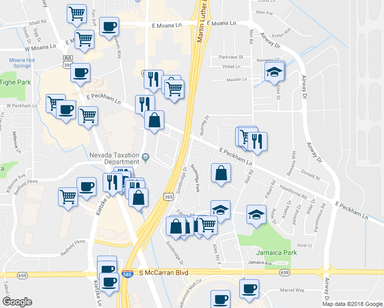 map of restaurants, bars, coffee shops, grocery stores, and more near 314 Smithridge Park in Reno