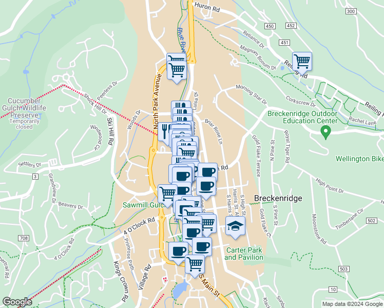 map of restaurants, bars, coffee shops, grocery stores, and more near 214 North Main Street in Breckenridge