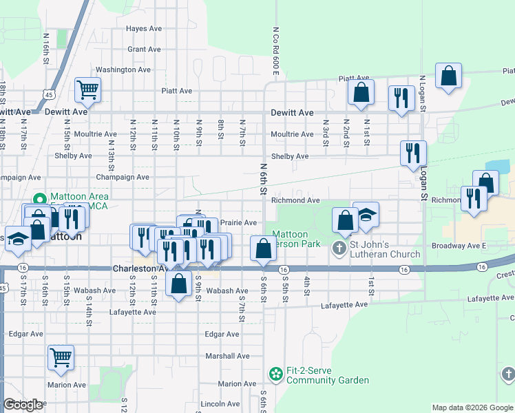 map of restaurants, bars, coffee shops, grocery stores, and more near 605 Richmond Avenue in Mattoon