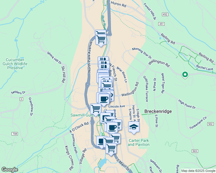 map of restaurants, bars, coffee shops, grocery stores, and more near 214 North Main Street in Breckenridge