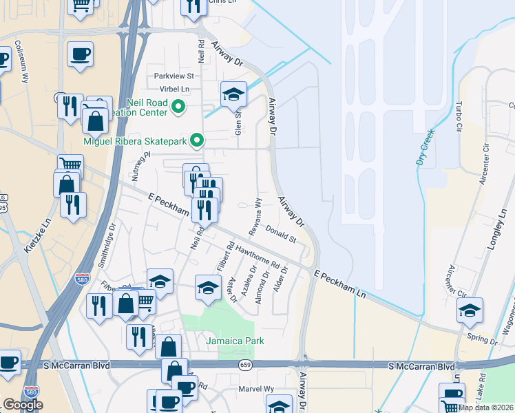 map of restaurants, bars, coffee shops, grocery stores, and more near 260 Rewana Way in Reno